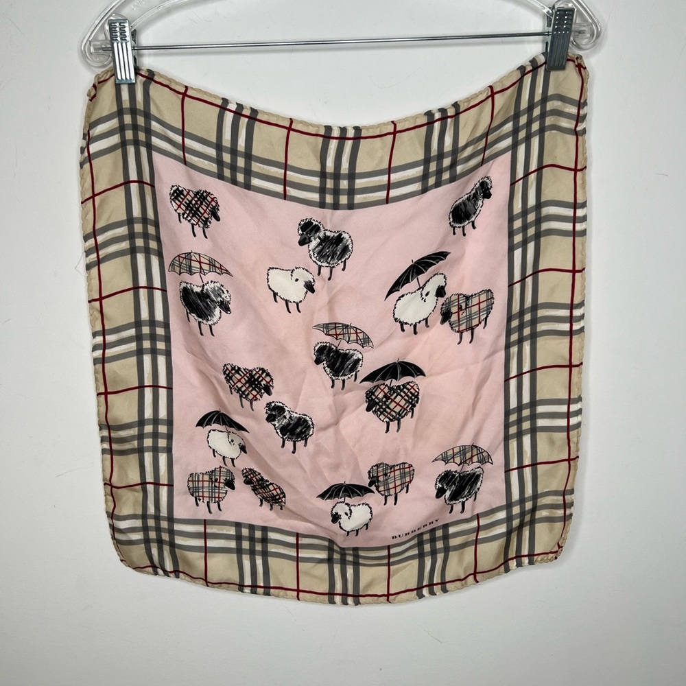 Vintage brown, black, red, and pink Burberry scarf with sheep and umbrellas